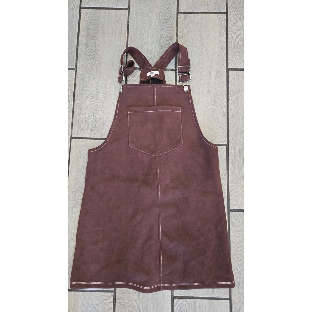 AUW Brown Faux Suede Overall Pinafore Dress Mini Contrast Stitch Small